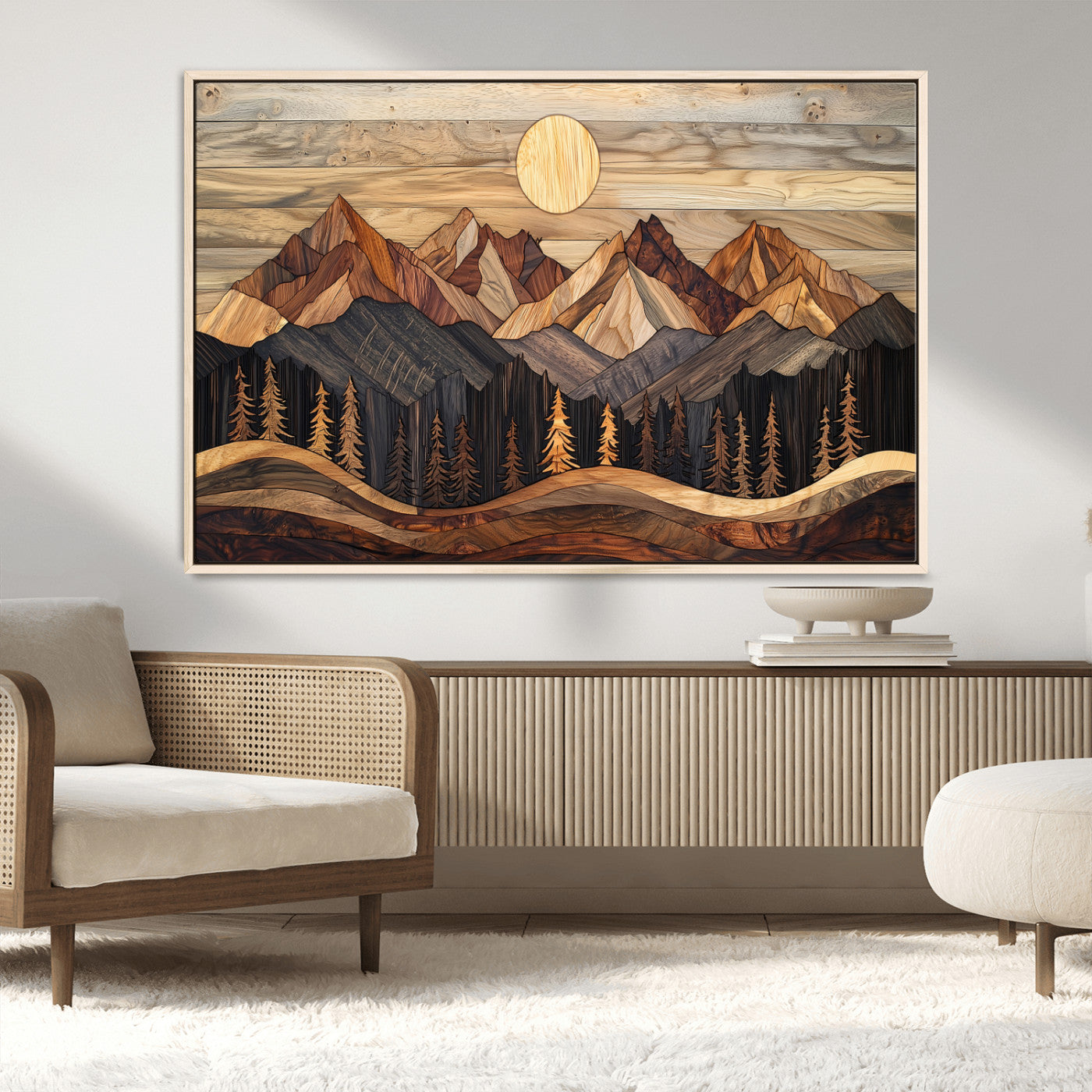 50100230-MGV-FC-36X24_Natural-Wooden Mountain Wall Art – Rustic Nature Landscape Canvas Print, Handmade Style Sun, Forest, and Peaks Artwork for Living Room,