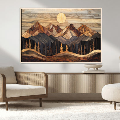 50100230-MGV-FC-36X24_Natural-Wooden Mountain Wall Art – Rustic Nature Landscape Canvas Print, Handmade Style Sun, Forest, and Peaks Artwork for Living Room,