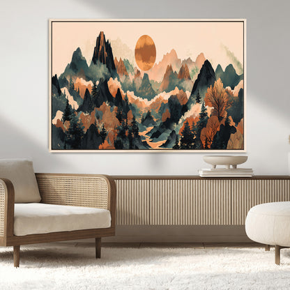 13012770-MGV-CV-36X24-Mountain Landscape Wall Art – Modern Nature Canvas Print with Sun, Misty Peaks, and Forest in Orange and Green Tones for Living