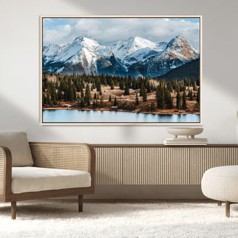 36247746-MGV-FC-36X24_Natural-Snowy Peaks Wall Art Canvas Print, Framed Alpine Lake Art Picture Print, Pine Forest Perfect Alpine Wilderness Decor Artwork