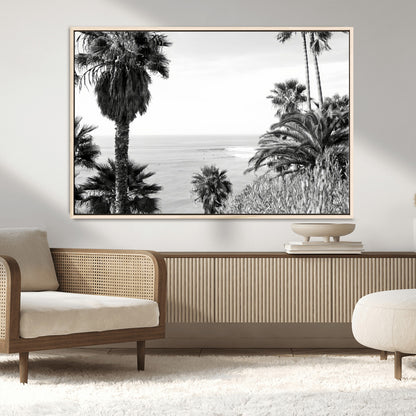 89458520-MGV-CV-36X24-Palm Trees Wall Art Canvas Print, Framed Coastal View Art Picture Print, Ocean Horizon Perfect Monochrome Coast Decor Artwork