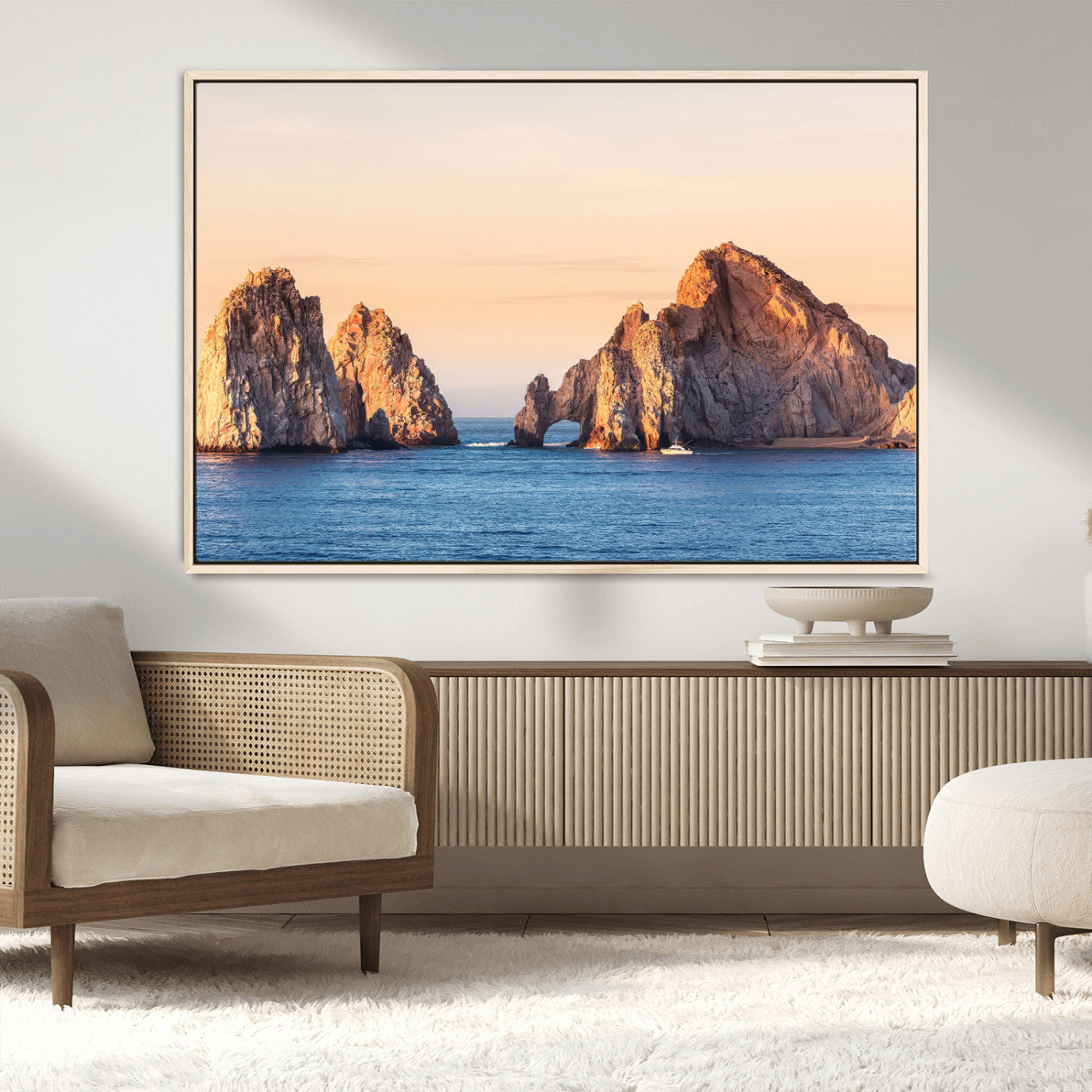 72996116-MGV-CV-36X24-El Arco Wall Art Canvas Print, Framed Cabo Rocks Art Picture Print, Ocean Arch Perfect Golden Coastal Landmark Decor Artwork