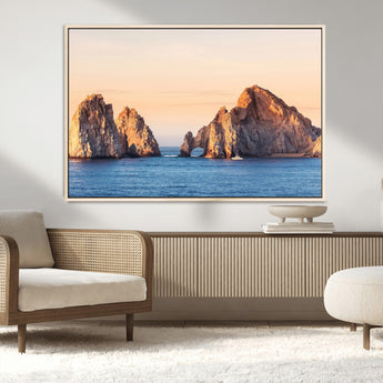 72996116-MGV-CV-36X24-El Arco Wall Art Canvas Print, Framed Cabo Rocks Art Picture Print, Ocean Arch Perfect Golden Coastal Landmark Decor Artwork
