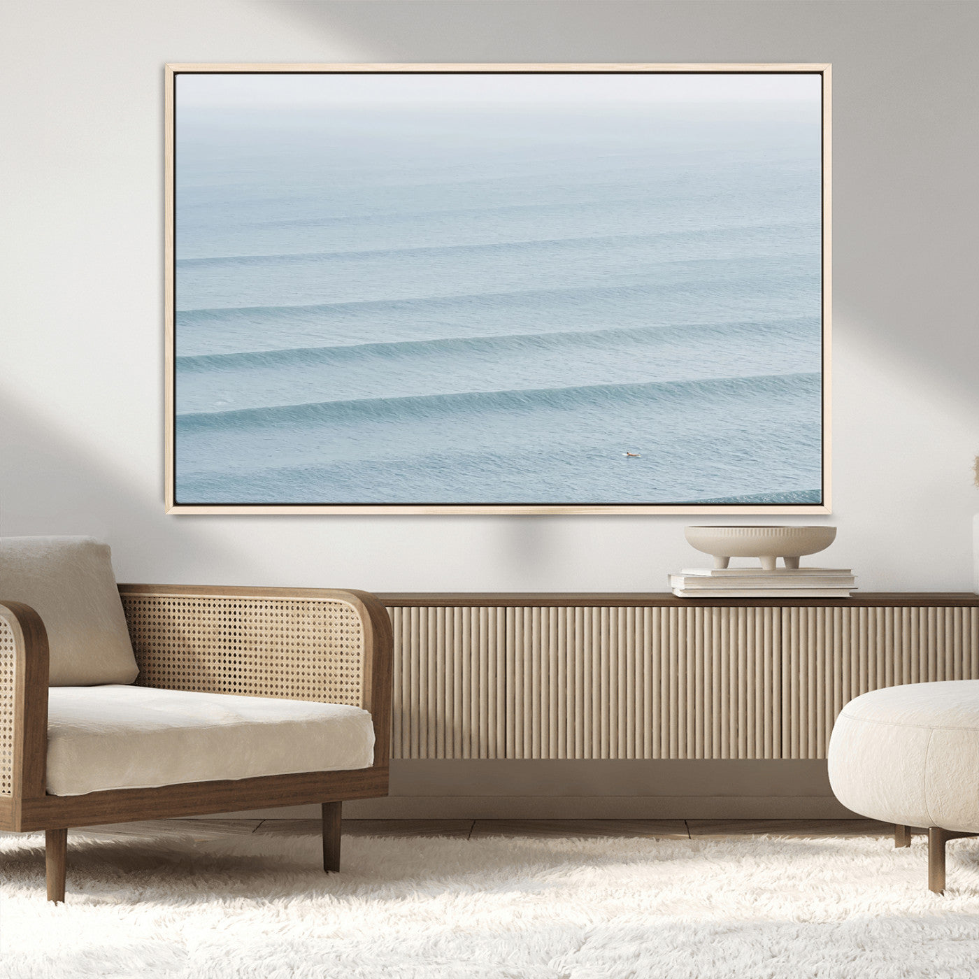47814787-MGV-CV-36X24-Ocean Waves Wall Art Canvas Print, Framed Solo Surfer Art Picture Print, Wave Lines Perfect Minimalist Ocean Decor Artwork