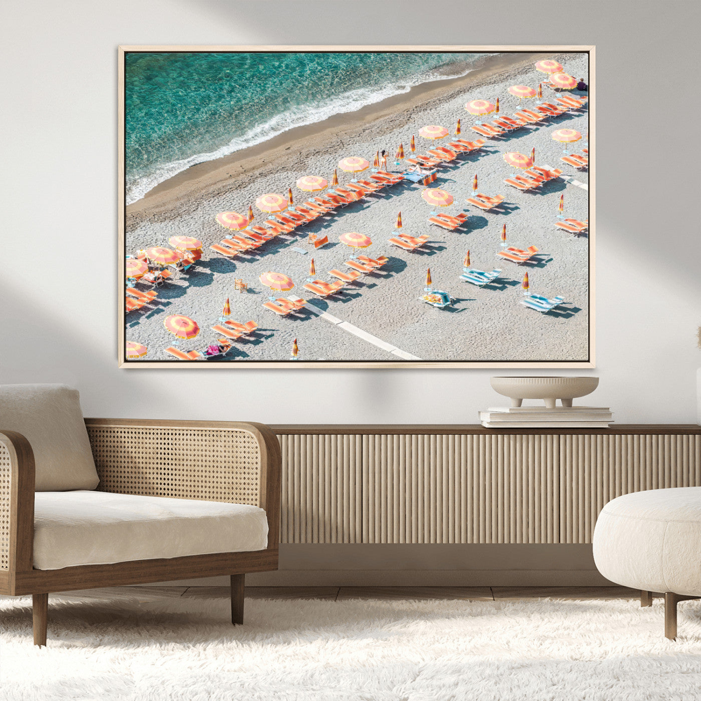 27805351-MGV-CV-36X24-Colorful Umbrellas Wall Art Canvas Print, Framed Sunny Beach Art Picture Print, Beach Lounges Perfect Mediterranean Retro Beach