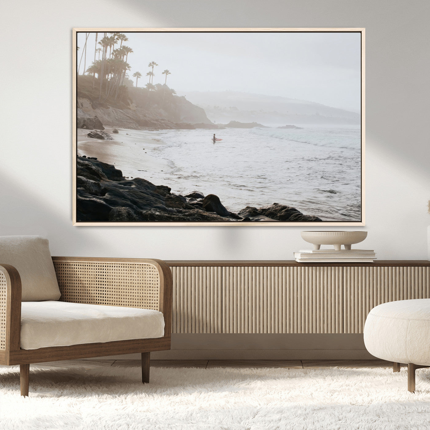 62501405-MGV-FC-36X24_Natural-Misty Beach Wall Art Canvas Print, Framed California Surfer Art Picture Print, Coastal Cliff Perfect Coastal Beach Decor Artwork