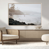 62501405-MGV-FC-36X24_Natural-Misty Beach Wall Art Canvas Print, Framed California Surfer Art Picture Print, Coastal Cliff Perfect Coastal Beach Decor Artwork