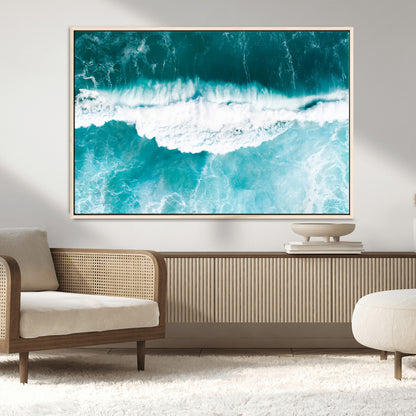 23828594-MGV-CV-36X24-Aerial Waves Wall Art Canvas Print, Framed Ocean Break Art Picture Print, Sea Foam Perfect Tropical Coastal Decor Artwork