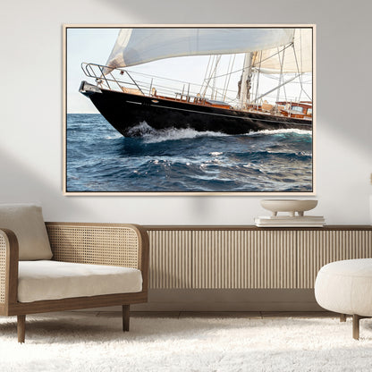 97168626-MGV-CV-36X24-Sailing Yacht Wall Art Canvas Print, Framed Wooden Yacht Art Picture Print, Ocean Waves Perfect Nautical Coastal Decor Artwork