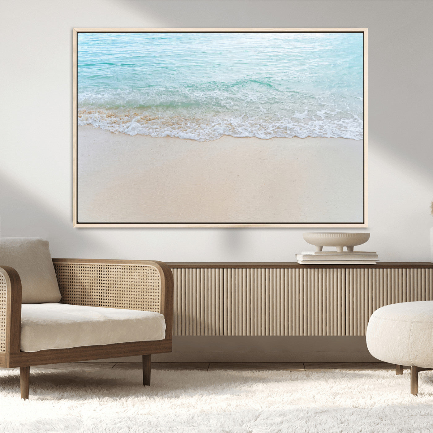 77194056-MGV-CV-36X24-Soft Shoreline Wall Art Canvas Print, Framed Gentle Waves Art Picture Print, Clear Water Perfect Minimalist Coastal Decor Artwork