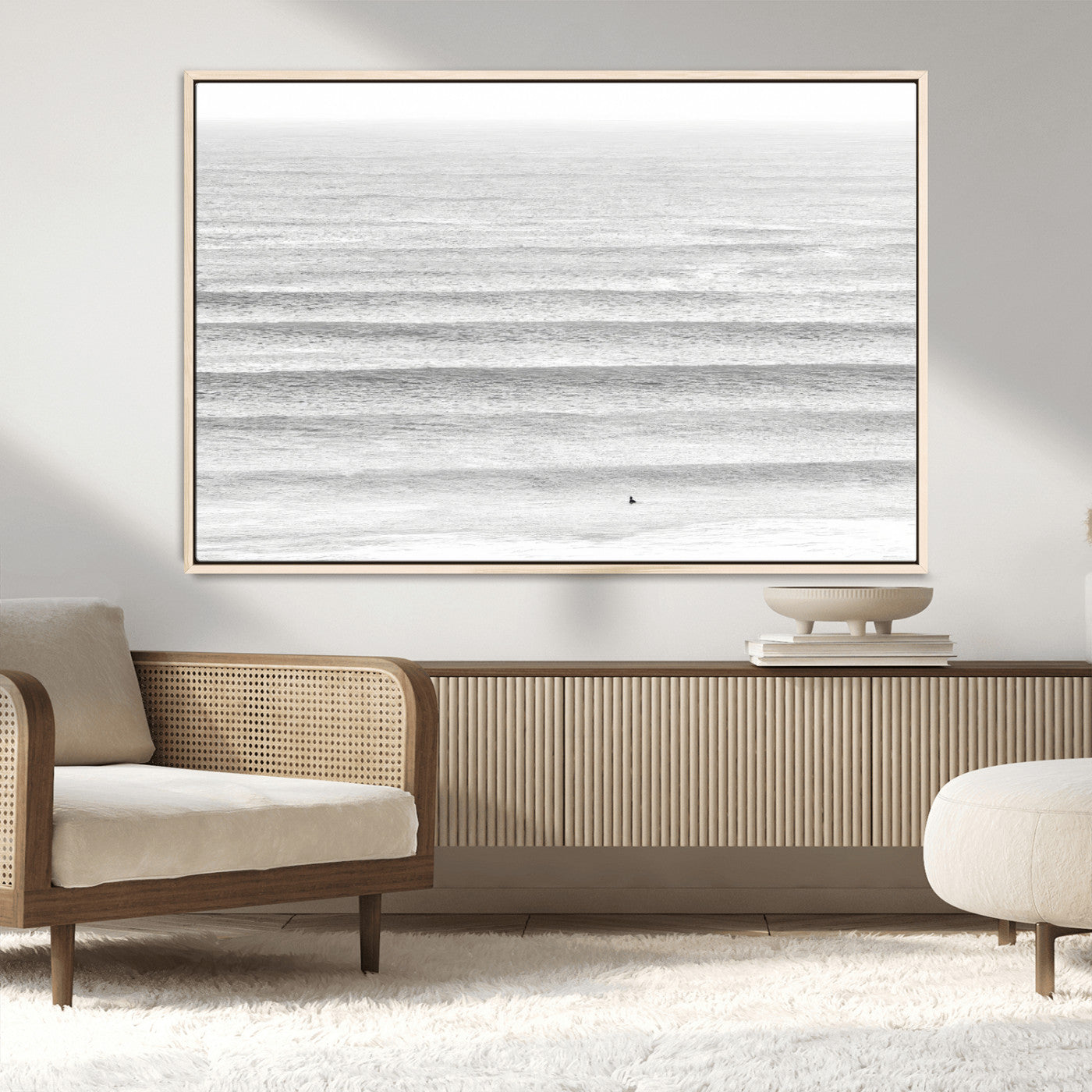 66534476-MGV-CV-36X24-Lone Surfer Wall Art Canvas Print, Framed Ocean Waves Art Picture Print, Minimal Sea Perfect Minimal Coastal Decor Artwork