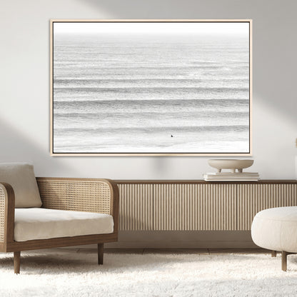 66534476-MGV-CV-36X24-Lone Surfer Wall Art Canvas Print, Framed Ocean Waves Art Picture Print, Minimal Sea Perfect Minimal Coastal Decor Artwork