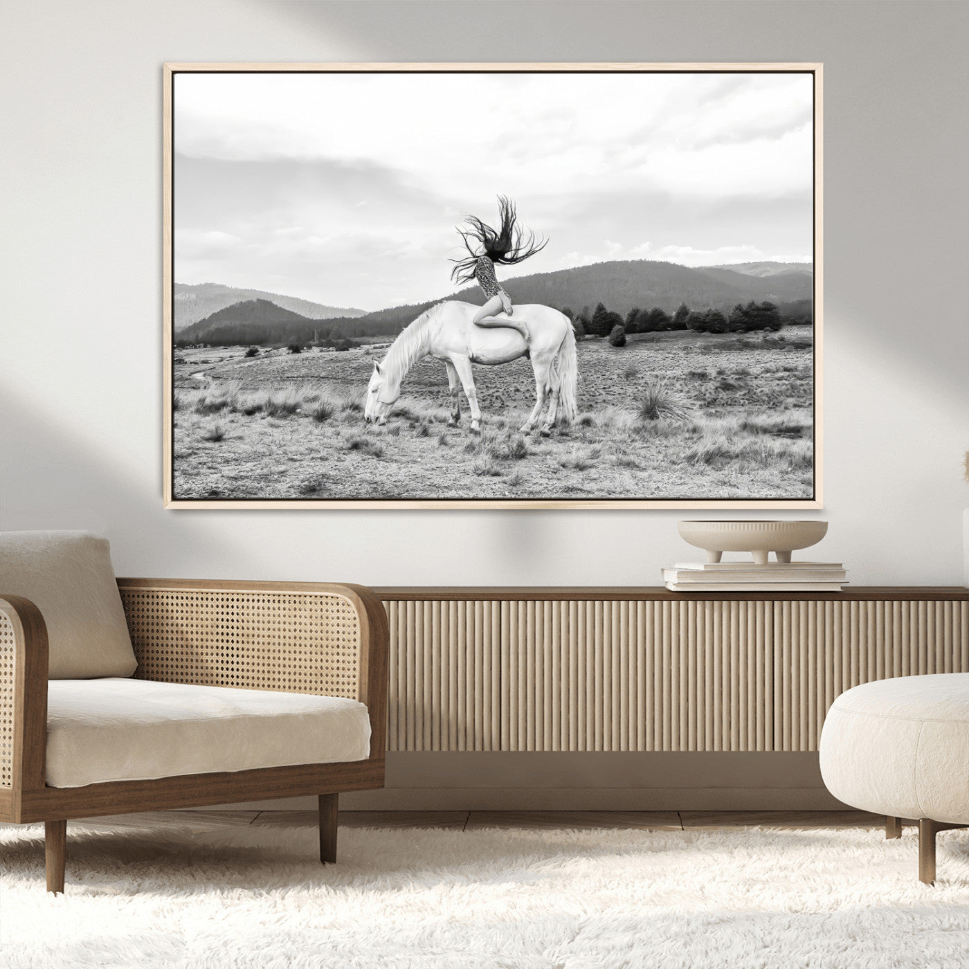 62789800-MGV-CV-36X24-White Horse Wall Art Canvas Print, Framed Woman Rider Art Picture Print, Equestrian Pose Perfect Western Boho Decor Artwork