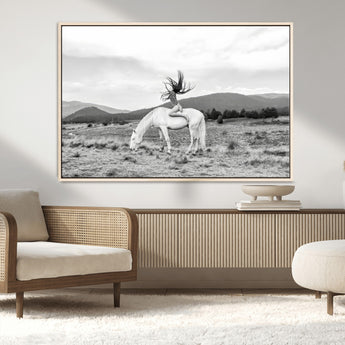 62789800-MGV-CV-36X24-White Horse Wall Art Canvas Print, Framed Woman Rider Art Picture Print, Equestrian Pose Perfect Western Boho Decor Artwork