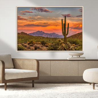 25332783-MGV-FC-36X24_Natural-Saguaro Cactus Wall Art Canvas Print, Framed Arizona Sunset Art Picture Print, Sonoran Desert Perfect Southwestern Boho Decor