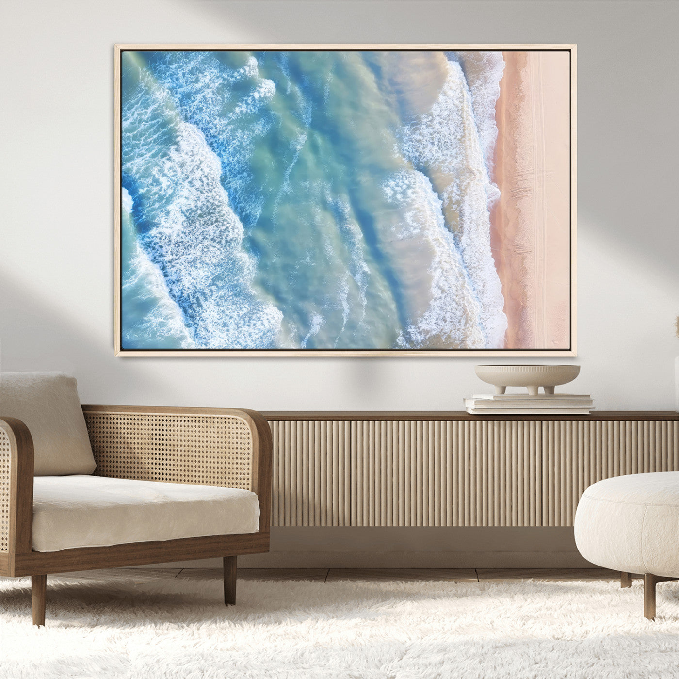 17641845-MGV-CV-36X24-Aerial Ocean Wall Art Canvas Print, Framed Blue Waves Art Picture Print, Sandy Shoreline Perfect Modern Coastal Decor Artwork