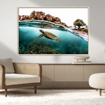 44200301-MGV-FC-36X24_Natural-Sea Turtle Swim Wall Art Canvas Print, Framed Ocean Life Art Picture Print, Tropical Shoreline Perfect Tropical Coastal Decor