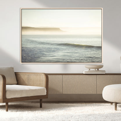 39310633-MGV-FC-36X24_Natural-Coastal Cliffs Wall Art Canvas Print, Framed Misty Ocean Art Picture Print, Morning Light Perfect Minimalistic Coastal Decor