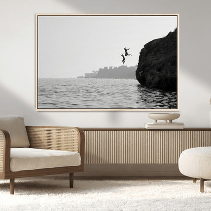 52284302-MGV-CV-36X24-Cliff Jumping Wall Art Canvas Print, Framed Ocean Adventure Art Picture Print, Black White Coast Perfect Modern Coastal Decor