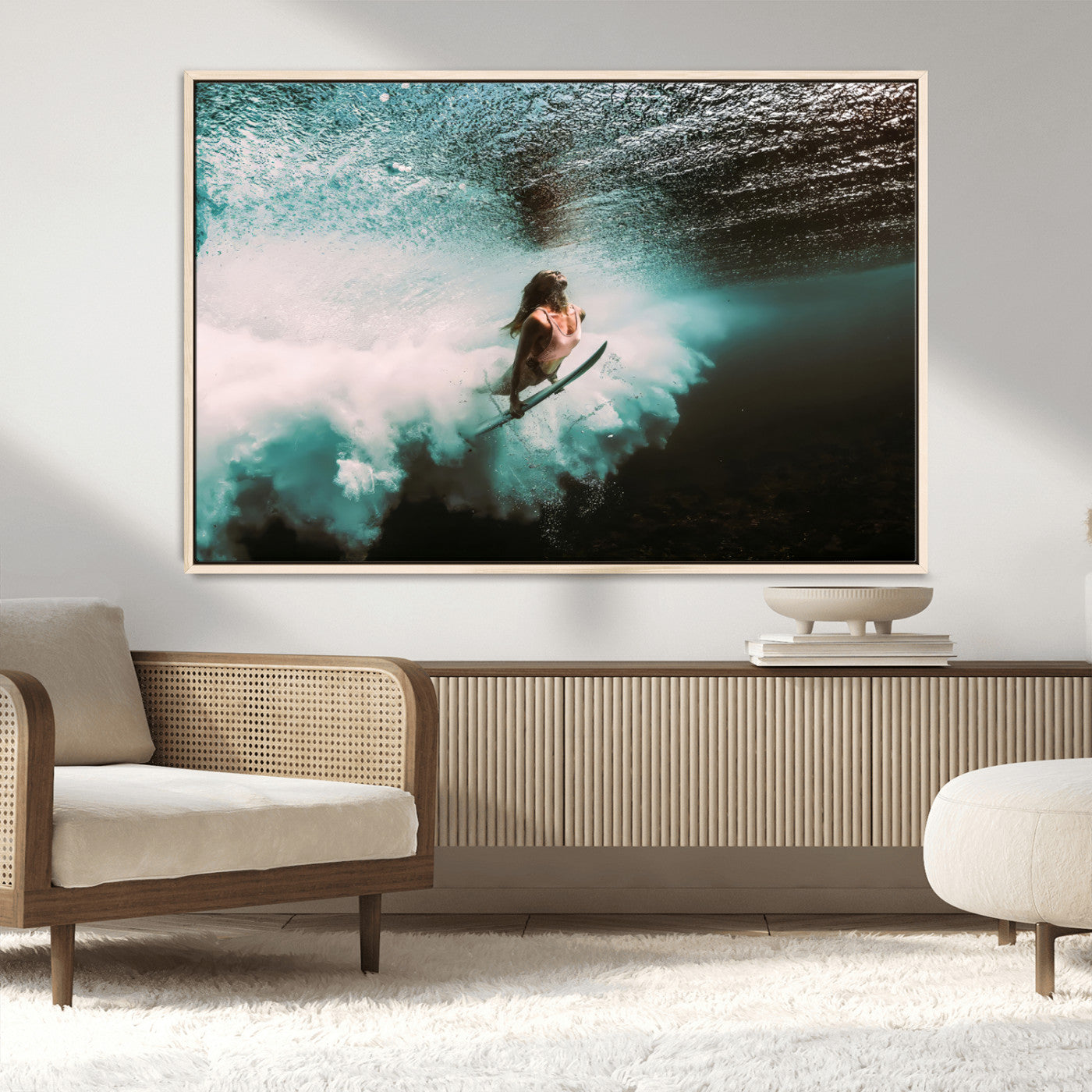 85923512-MGV-FC-36X24_Natural-Aquatic Motion Wall Art Canvas Print, Framed Underwater Swimming Art Picture Print, Female Surfer Diving Perfect Coastal Boho
