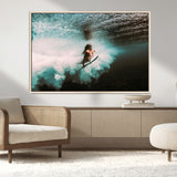 85923512-MGV-FC-36X24_Natural-Aquatic Motion Wall Art Canvas Print, Framed Underwater Swimming Art Picture Print, Female Surfer Diving Perfect Coastal Boho