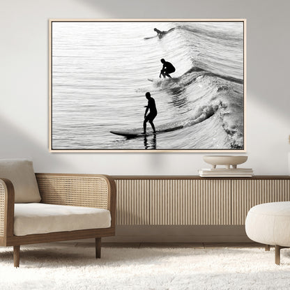 19875284-MGV-CV-36X24-Surfer Waves Wall Art Canvas Print, Framed Black White Surf Art Picture Print, Monochrome Ocean Perfect Modern Coastal Decor