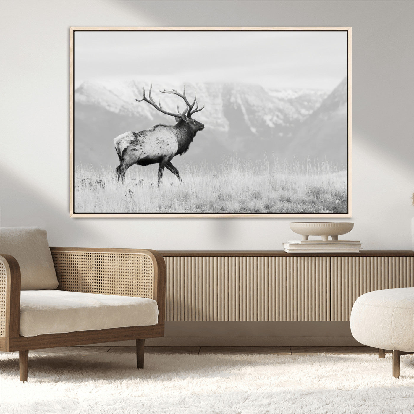62278753-MGV-FC-36X24_Natural-Monochrome Elk Wall Art Canvas Print, Framed Mountain Wildlife Art Picture Print, Rustic Nature Perfect Rustic Minimalist Decor