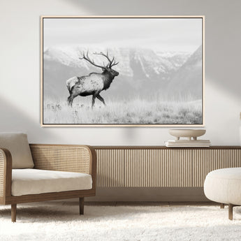 62278753-MGV-FC-36X24_Natural-Monochrome Elk Wall Art Canvas Print, Framed Mountain Wildlife Art Picture Print, Rustic Nature Perfect Rustic Minimalist Decor