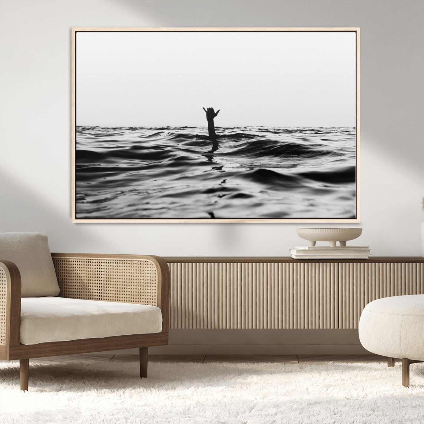 69541918-MGV-CV-36X24-Black White Ocean Wall Art Canvas Print, Framed Moody Seascape Art Picture Print, Surfer Sign Perfect Moody Minimalist Decor