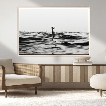 69541918-MGV-CV-36X24-Black White Ocean Wall Art Canvas Print, Framed Moody Seascape Art Picture Print, Surfer Sign Perfect Moody Minimalist Decor