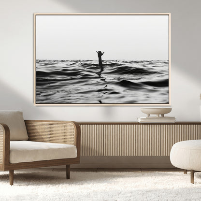 69541918-MGV-CV-36X24-Black White Ocean Wall Art Canvas Print, Framed Moody Seascape Art Picture Print, Surfer Sign Perfect Moody Minimalist Decor