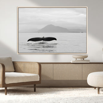 30524220-MGV-CV-36X24-Whale Tail Wall Art Canvas Print, Framed Black White Ocean Art Picture Print, Calm Marine Perfect Minimalist Coastal Decor Artwork