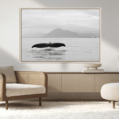 30524220-MGV-CV-36X24-Whale Tail Wall Art Canvas Print, Framed Black White Ocean Art Picture Print, Calm Marine Perfect Minimalist Coastal Decor Artwork