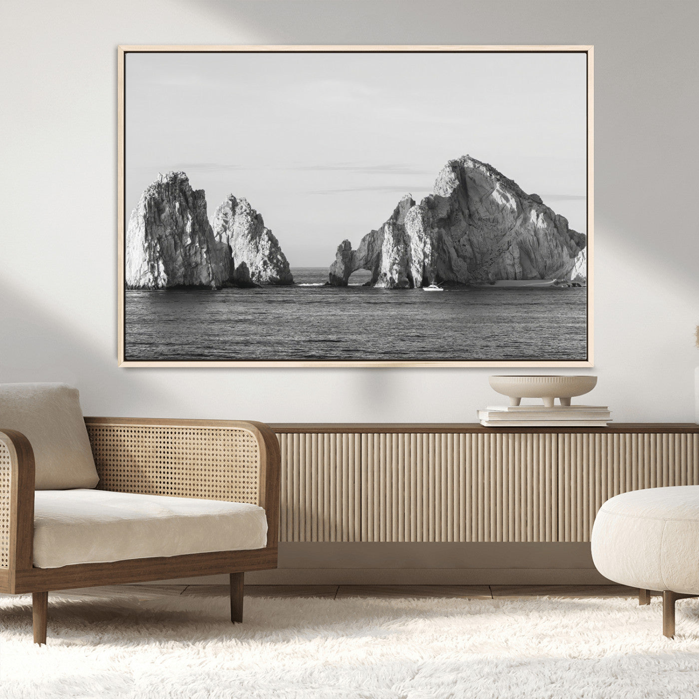 18810731-MGV-CV-36X24-Rugged Coastline Wall Art Canvas Print, Framed Ocean Cliffs Art Picture Print, Monochrome Seascape Perfect Coastal Minimalist