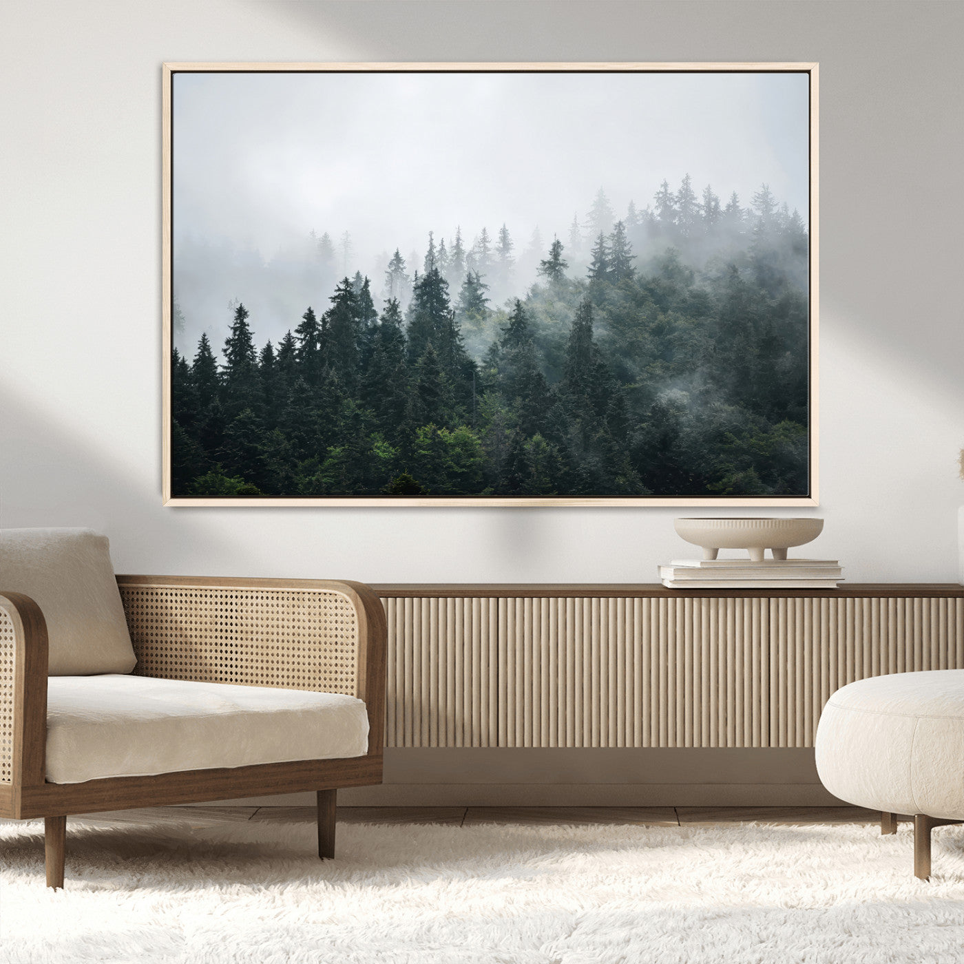 84146572-MGV-CV-36X24-Foggy Pine Trees Wall Art Canvas Print, Framed Forest Nature Art Picture Print, Evergreen Forest Perfect Scandinavian Minimalist