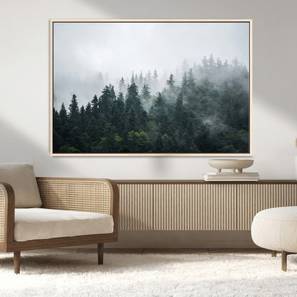 84146572-MGV-CV-36X24-Foggy Pine Trees Wall Art Canvas Print, Framed Forest Nature Art Picture Print, Evergreen Forest Perfect Scandinavian Minimalist