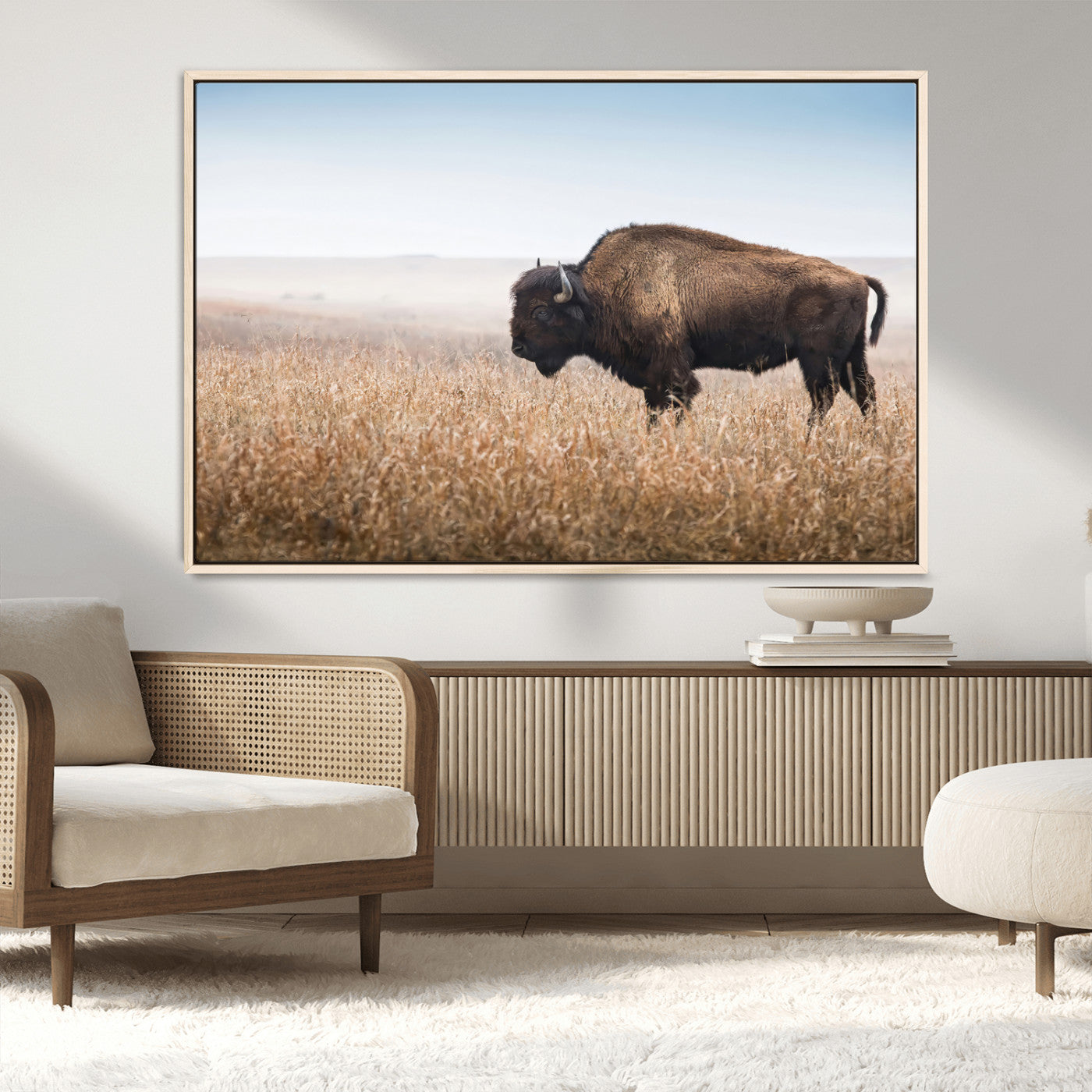 99620201-MGV-CV-36X24-Wild Bison Wall Art Canvas Print, Framed Bison in Prairie Art Picture Print, Rustic Western Perfect Rustic Western Decor Artwork