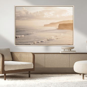 57669769-MGV-CV-36X24-Misty Coastal Wall Art Canvas Print, Framed Golden Sunset Art Picture Print, Serene Shoreline Perfect Tranquil Coastal Decor