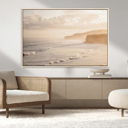 57669769-MGV-CV-36X24-Misty Coastal Wall Art Canvas Print, Framed Golden Sunset Art Picture Print, Serene Shoreline Perfect Tranquil Coastal Decor