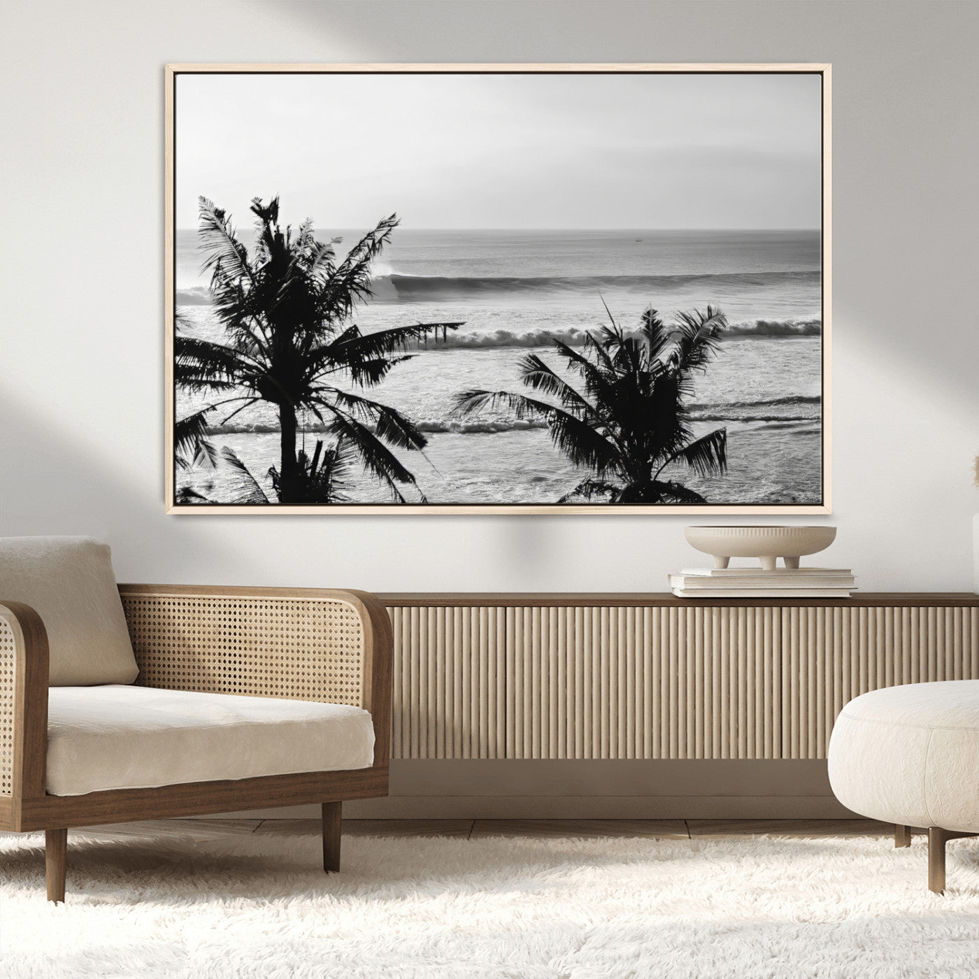17508038-MGV-CV-36X24-Tropical Coastline Wall Art Canvas Print, Framed Palm Trees Art Picture Print, Ocean Waves Perfect Minimalist Coastal Decor