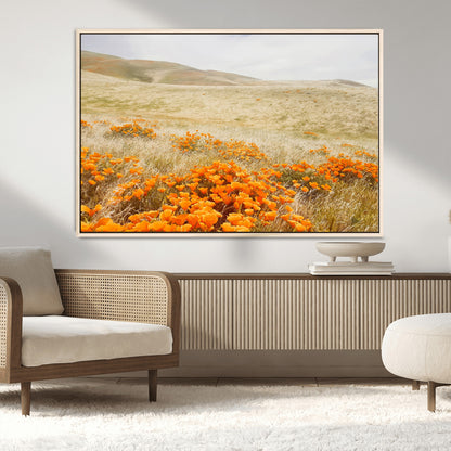 28972262-MGV-FC-36X24_Natural-Golden Wildflowers Wall Art Canvas Print, Framed Hills Bloom Art Picture Print, Poppy Meadow Perfect Rustic Nature Decor Artwork