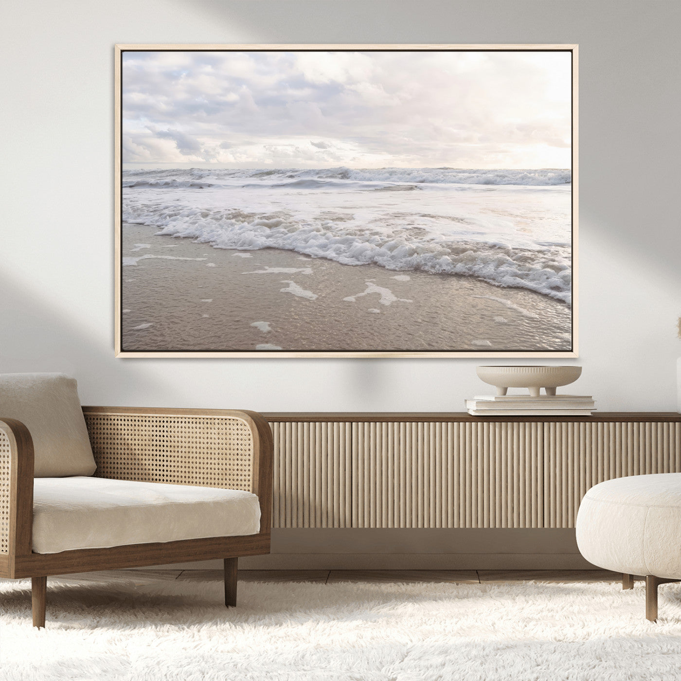 70596264-MGV-FC-36X24_Natural-Ocean Waves Wall Art Canvas Print, Framed Coastal Shoreline Art Picture Print, Sea Foam Perfect Coastal Minimalist Decor Artwork