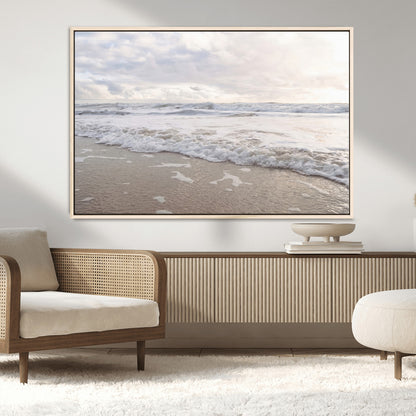 70596264-MGV-FC-36X24_Natural-Ocean Waves Wall Art Canvas Print, Framed Coastal Shoreline Art Picture Print, Sea Foam Perfect Coastal Minimalist Decor Artwork