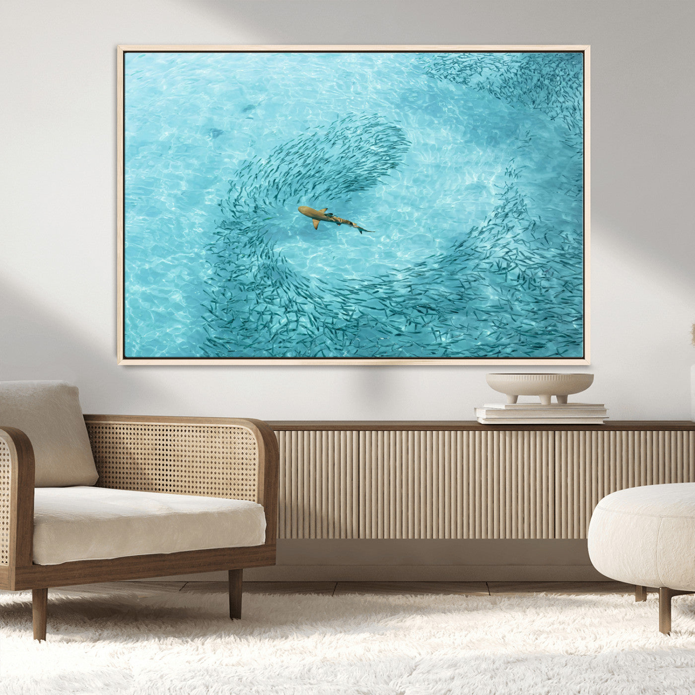 43671474-MGV-FC-36X24_Natural-Fish Swarm Wall Art Canvas Print, Framed Marine Life Art Picture Print, Shark Aerial Perfect Wildlife Coastal Decor Artwork
