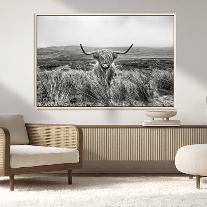 24051061-MGV-CV-36X24-Monochrome Highland Cow Wall Art Canvas Print, Framed Scottish Bull Art Picture Print, Lone Cattle Perfect Rustic Farmhouse Decor