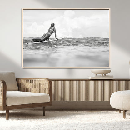 69798068-MGV-CV-36X24-Black White Surfing Wall Art Canvas Print, Framed Ocean Horizon Art Picture Print, Surfer Girl Perfect Coastal Adventure Decor
