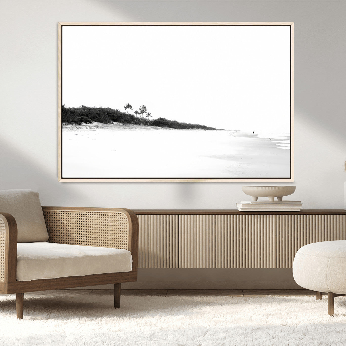 29611516-MGV-CV-36X24-Black White Beach Wall Art Canvas Print, Framed Palm Trees Art Picture Print, Monochrome Tropical Perfect Minimalist Coastal Decor