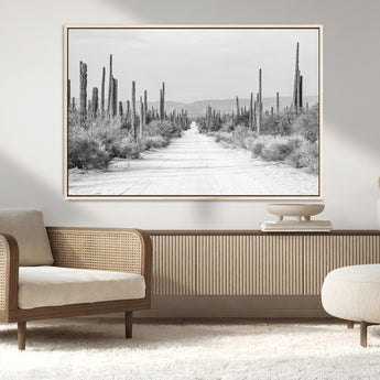 35537313-MGV-CV-36X24-Monochrome Desert Wall Art Canvas Print, Framed Cactus Path Art Picture Print, Southwestern Landscape Perfect Southwestern