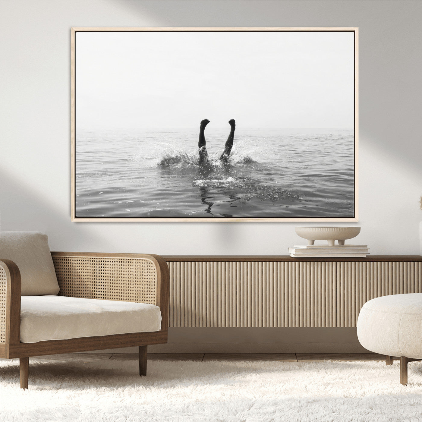26667396-MGV-FC-36X24_Natural-Black White Ocean Wall Art Canvas Print, Framed Monochrome Water Art Picture Print, Diving into Water Perfect Minimalist Aquatic