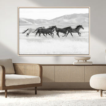 69934913-MGV-CV-36X24-Wild Horses Running Wall Art Canvas Print, Framed Black White Mustangs Art Picture Print, Rustic Western Perfect Rustic Western